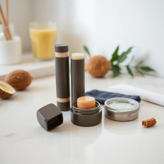 Assorted hydrating lip balms and applicator on a clean vanity with subtle natural moisturizing ingredients