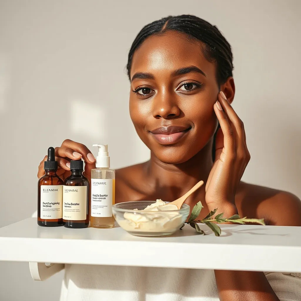 Deep brown-skinned woman applying facial moisturizer beside natural shea butter and botanicals on a clean vanity