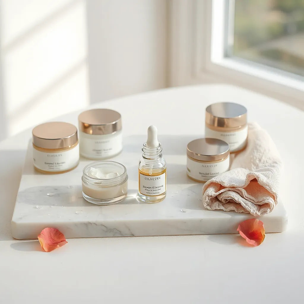 Elegant jars and a dropper bottle of rich face cream with soft natural lighting on a marble surface