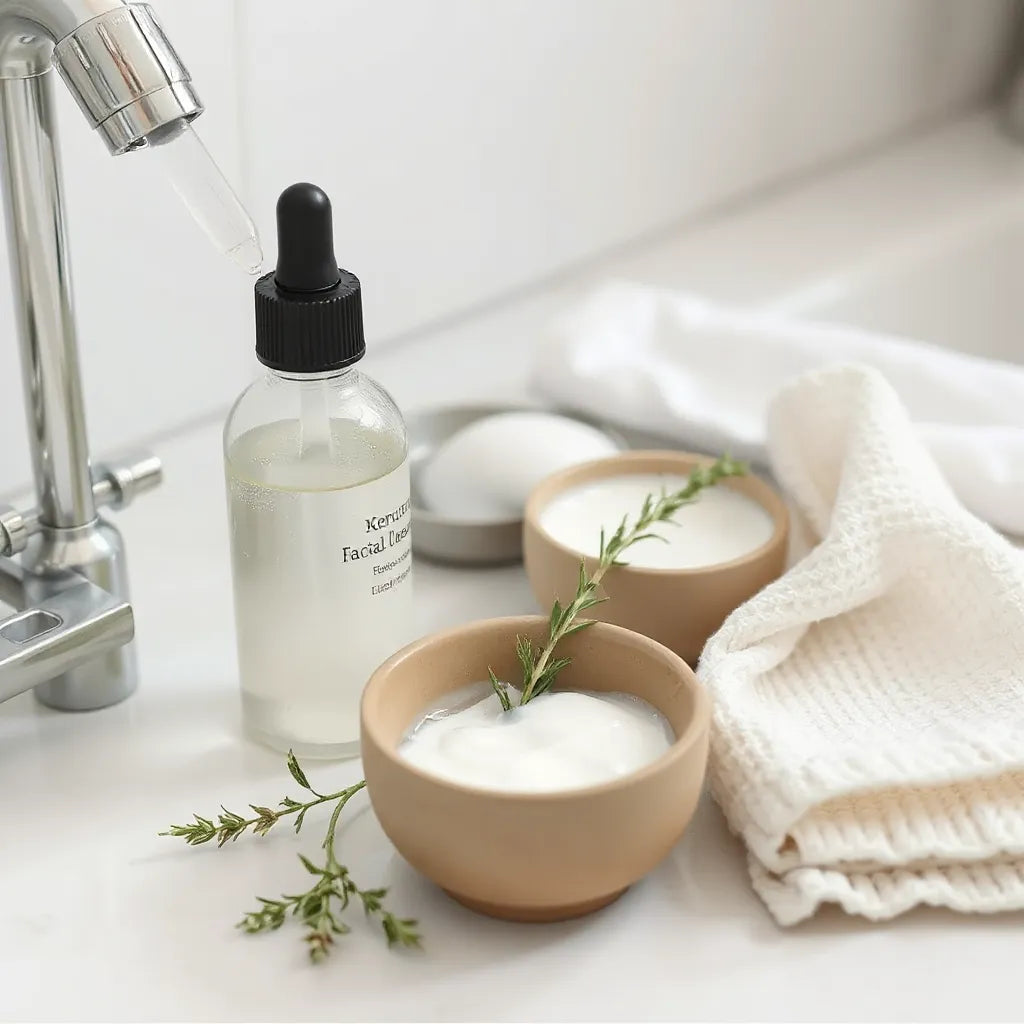 Natural facial cleanser bottle beside creamy foam and a soft cloth on a clean vanity