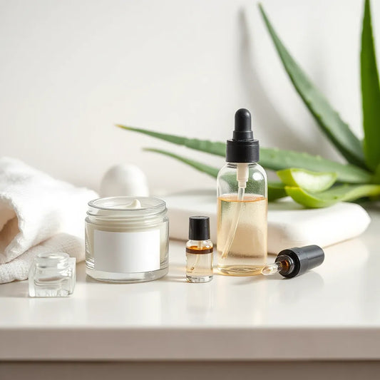 Moisturizer bottles and jar arranged on a clean vanity with soft natural hydration cues