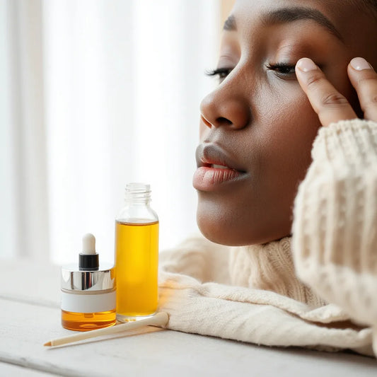Person with deep brown skin applying facial serum under soft natural light