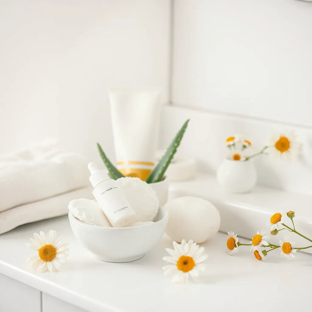 Gentle skincare products and calming aloe and chamomile arranged on a clean vanity