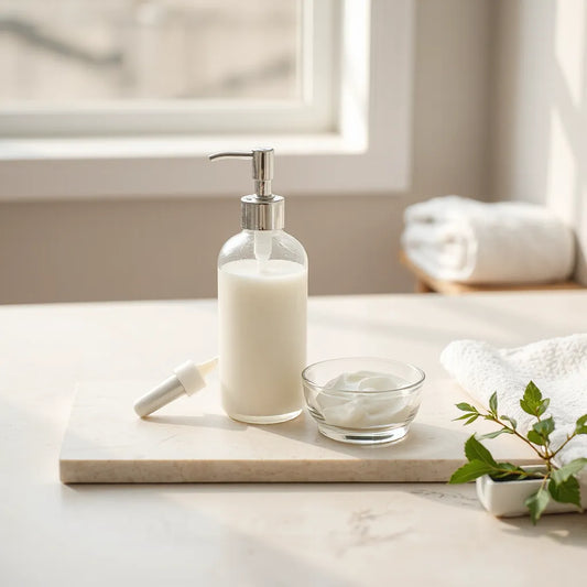 Hydrating body lotion pump bottle with creamy lotion on a clean countertop beside a towel and greenery