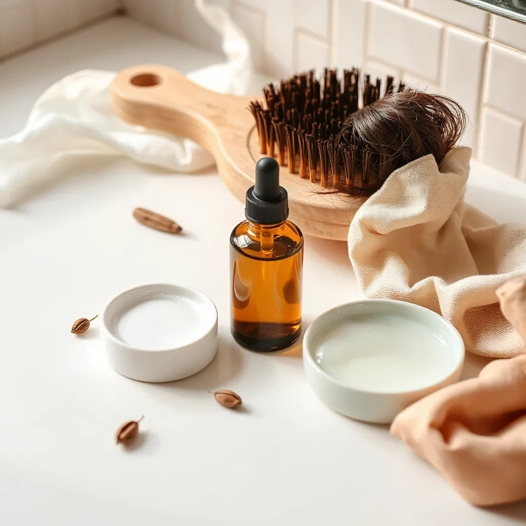 Amber serum bottle with dropper beside hair care tools and a few strands on a clean vanity.