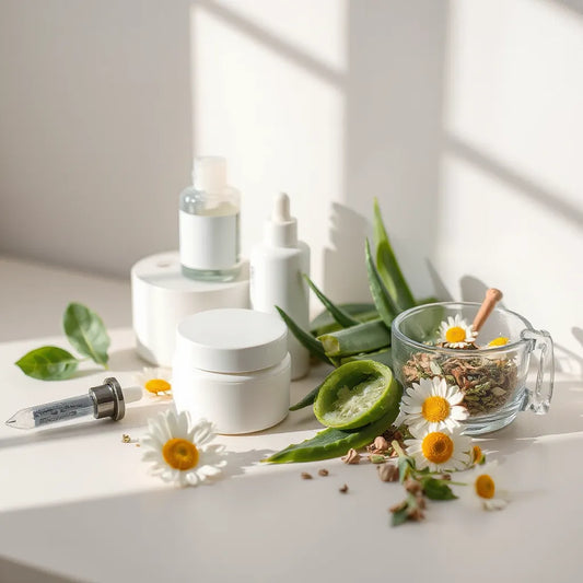 Skincare bottles and jars arranged with fresh botanical ingredients like aloe and chamomile in natural light