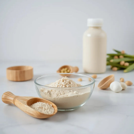 Light beige plant-based protein powder in a glass bowl with a wooden scoop and a shaker bottle nearby