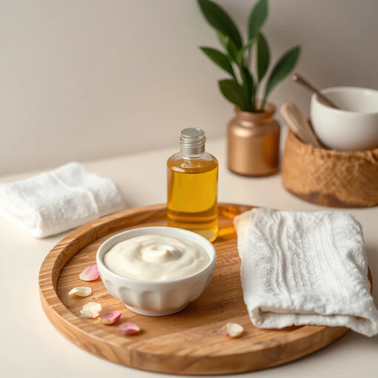 Elegant body oil and creamy lotion on a minimalist spa vanity with warm lighting