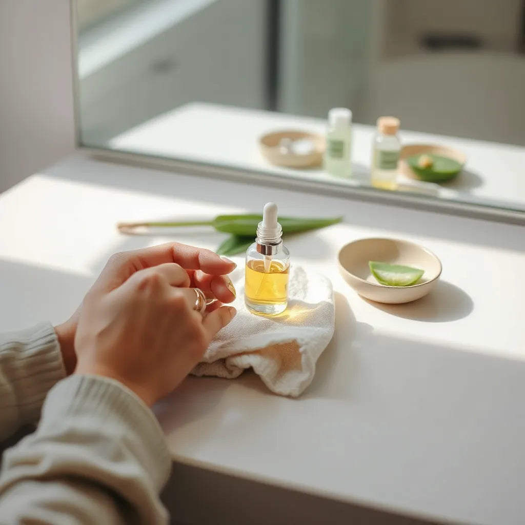 Hands applying natural face oil while minimal skincare essentials sit on a clean vanity