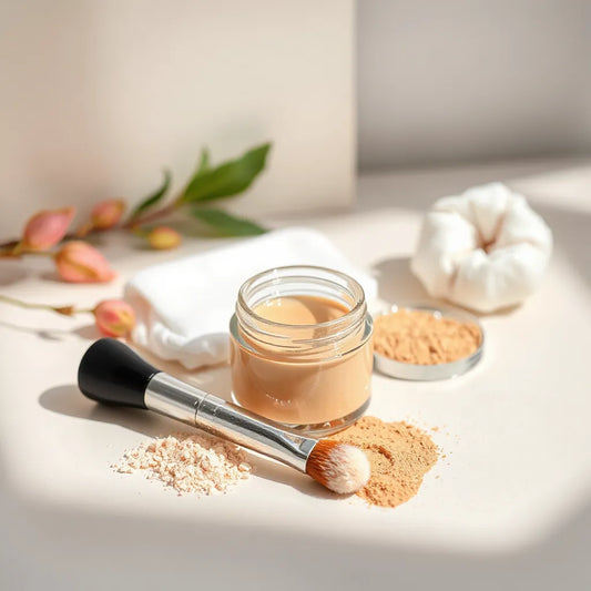 Neutral mineral foundation jar with makeup brush and soft powder textures on a clean surface