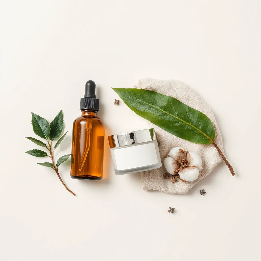 Amber glass serum and cream jar on a light surface with a green leaf and cotton cloth.