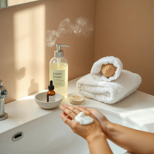 Hand applying body lotion to an arm beside lotion bottle, towel, and loofah on a vanity