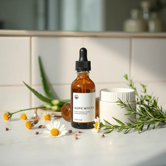 Botanical skincare products with aloe, chamomile, and rosemary on a minimal countertop
