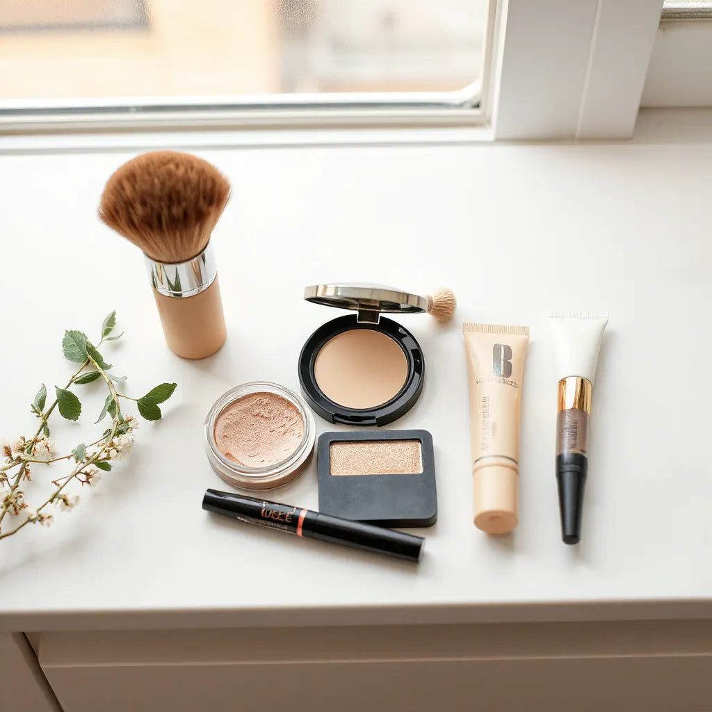 A set of clean makeup essentials like a compact, brush, mascara wand, and lip balm on a neutral vanity