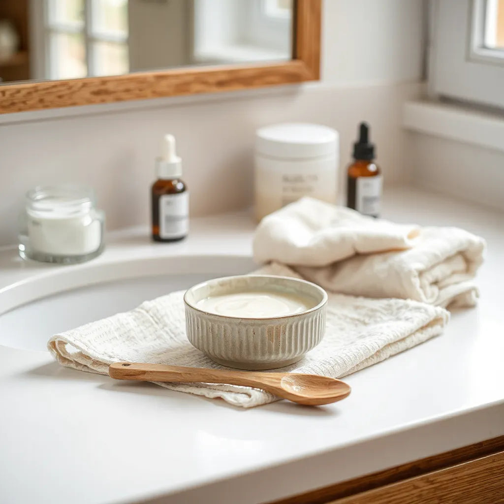Ceramic bowl with creamy exfoliating face mask on a tidy vanity under soft natural light