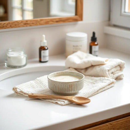 Ceramic bowl with creamy exfoliating face mask on a tidy vanity under soft natural light