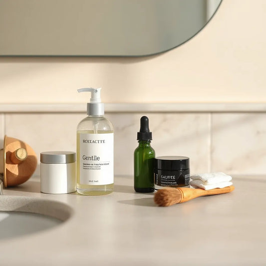 Curated face care products neatly arranged on a minimalist vanity for a skincare routine