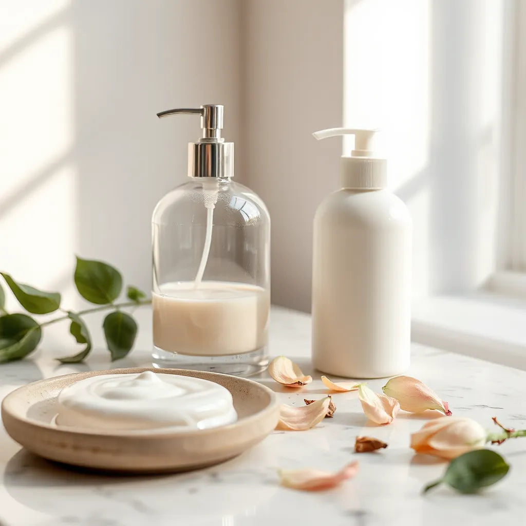 Luxurious body lotion jar and pump bottle with soft lotion texture on a clean marble surface