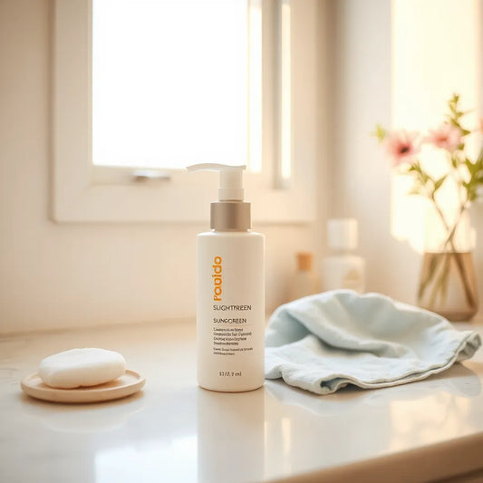 Lightweight sunscreen and skincare items on a sunlit bathroom counter for daily sun protection
