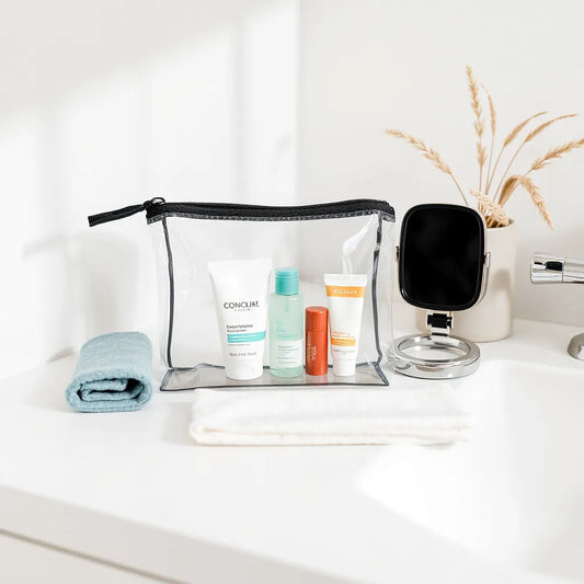 Travel-size skincare items packed in a small toiletry pouch on a bathroom counter