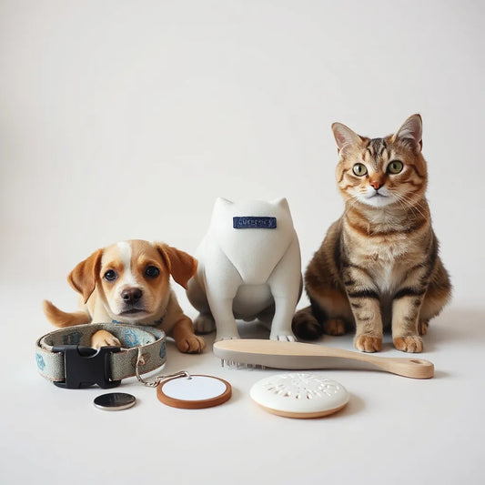 Dog and cat beside modular collar, blank name tag, and customizable grooming and toy accessories