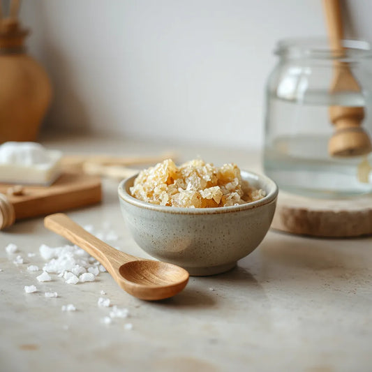 Ceramic bowl of natural body scrub with a wooden spoon and subtle exfoliating granules