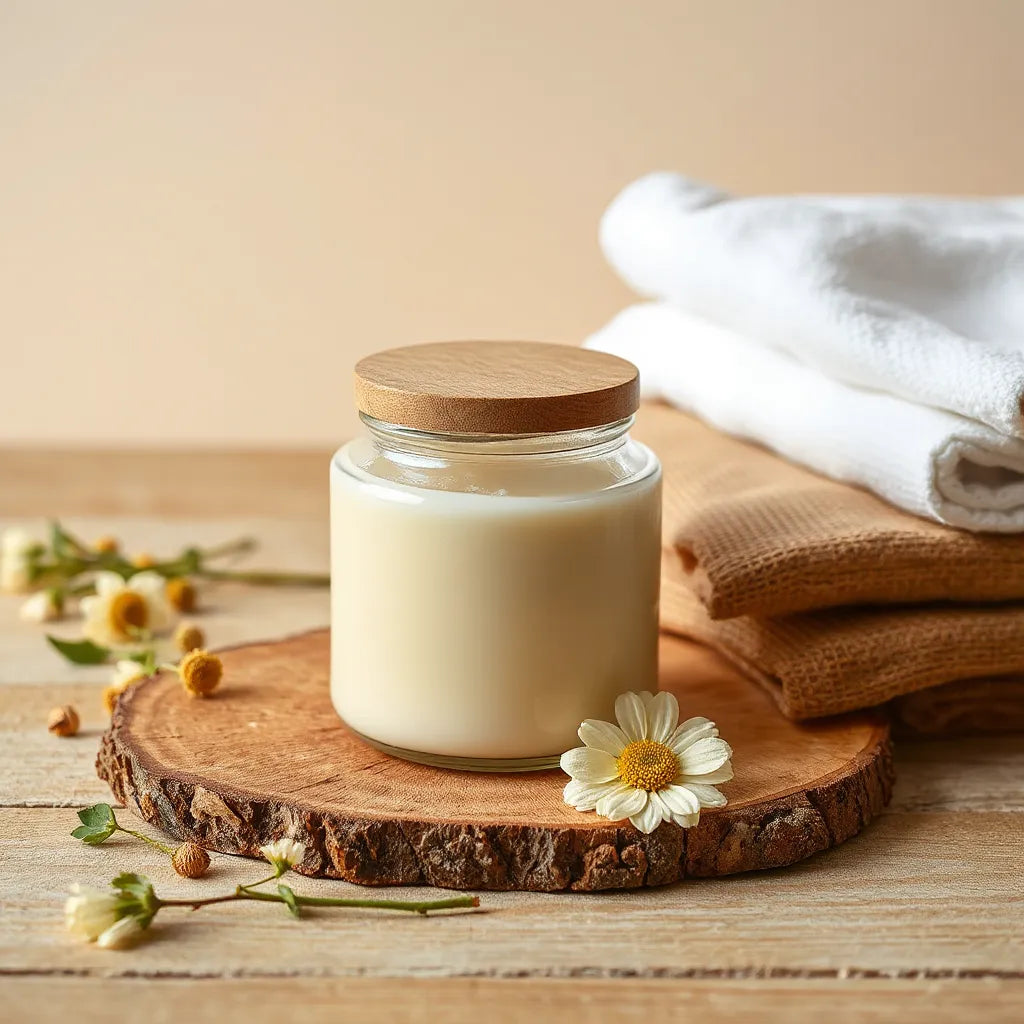 Organic body lotion jar with creamy lotion texture and natural botanicals on a neutral surface
