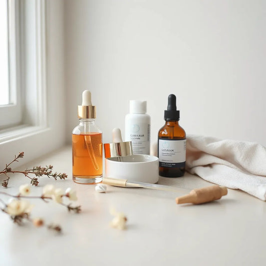 Premium facial skincare products arranged neatly with serum, cream, and soft cloth on a bright countertop