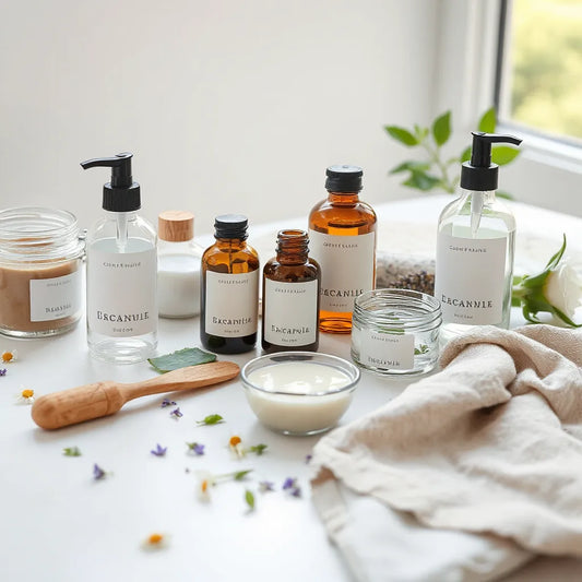 Organic skincare bottles and jars beside botanicals and creamy lotion on a bright linen-covered surface