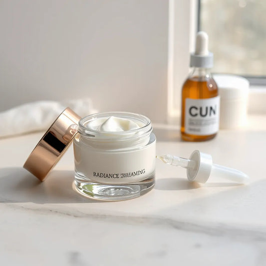 Radiance face cream jar on a clean countertop with soft morning light and dewy skin tones