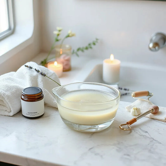 Minimal spa setup with facial roller, skincare jars, warm water, and towel on a light countertop