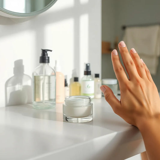 Skincare bottles and cream on a vanity with a hand showing a more even, smooth complexion