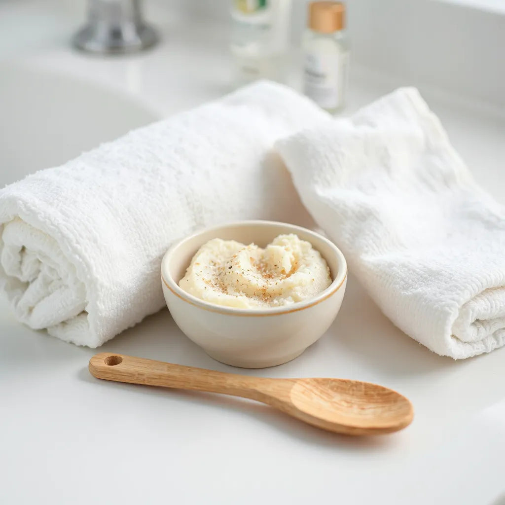Jar of exfoliating polishing scrub with fine granules and a wooden spatula on a clean counter.