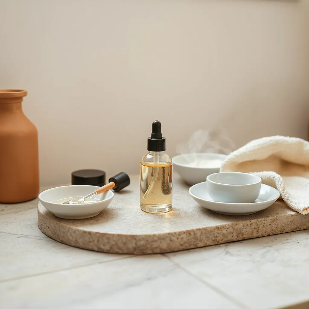 Luxury skincare products arranged for an evening routine on a stone vanity with warm, natural light