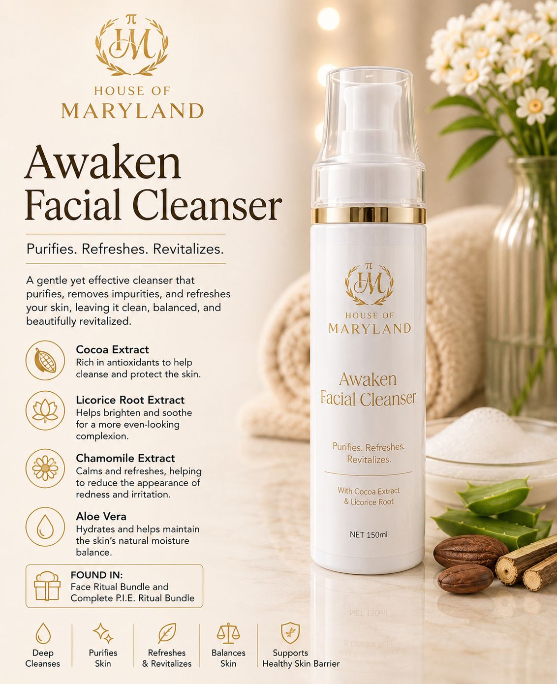 Awaken Facial Cleanser bottle with gold pump cap, net 150 mL, cleanser