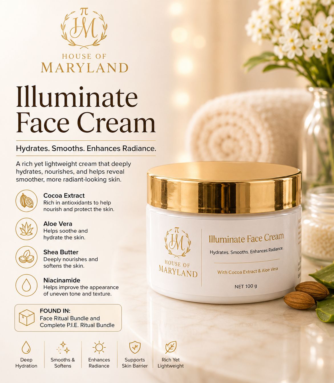 Illuminate Face Cream product label and jar with gold lid on white container