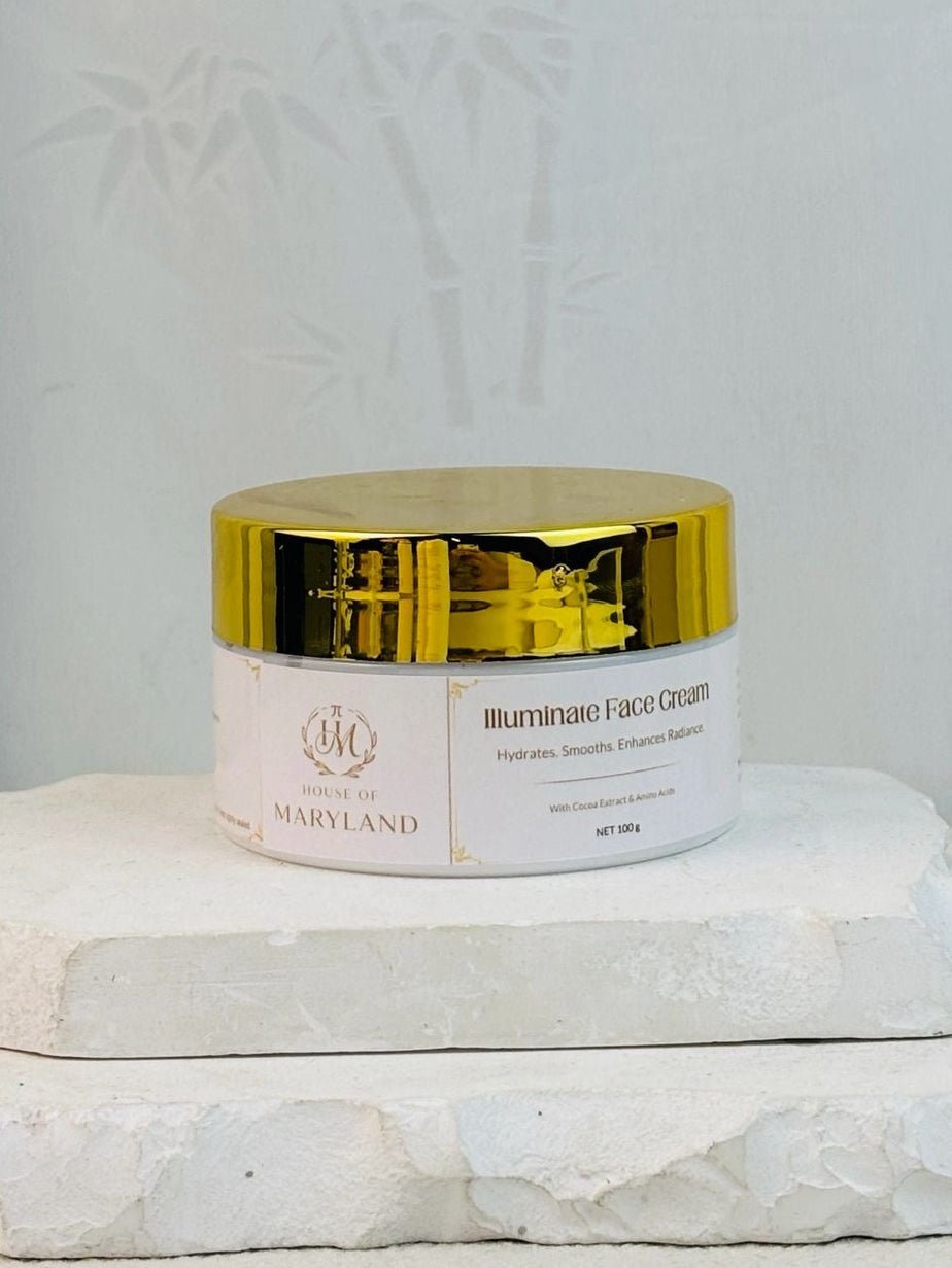 Illuminate Face Cream jar with gold lid and white container, House of Maryland