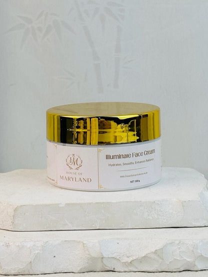 Illuminate Face Cream jar with gold lid and white container, House of Maryland