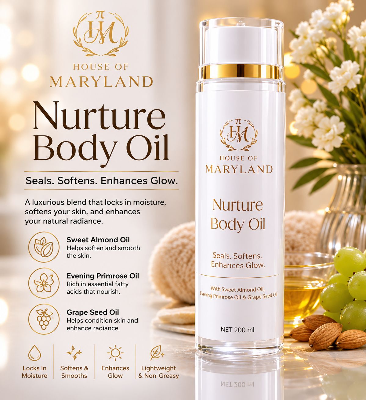 Body oil bottle with gold cap, House of Maryland label, white bottle, 200 ml
