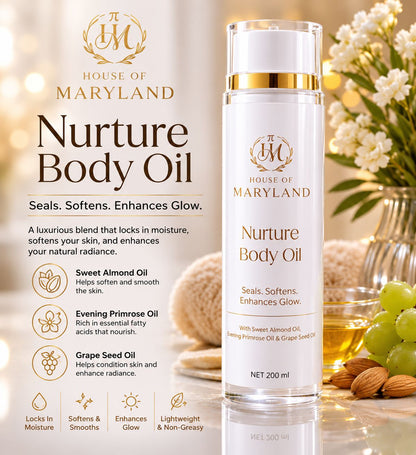 Body oil bottle with gold cap, House of Maryland label, white bottle, 200 ml