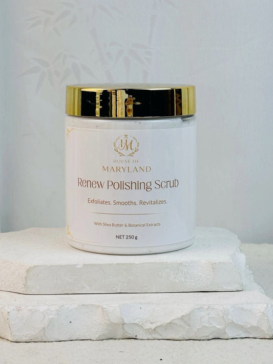 Polishing scrub jar with gold lid and cream label, 250 g.