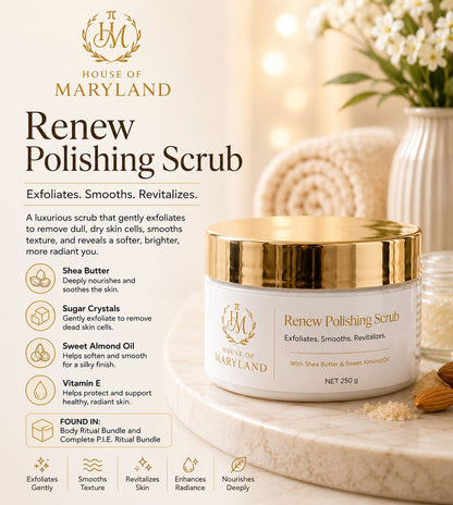 Skincare scrub jar with gold lid on cream card, brand emblem on label.