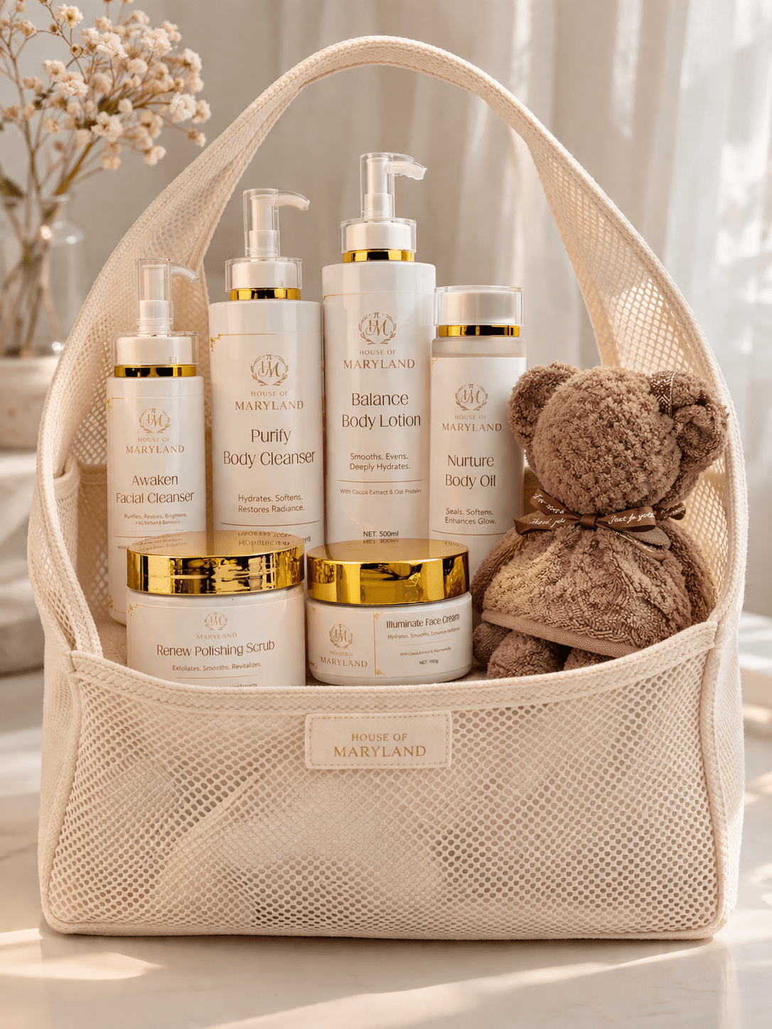 Skincare gift basket with House of Maryland bottles, jars, and brown scrub cloths