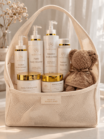 Skincare gift basket with House of Maryland bottles, jars, and brown scrub cloths
