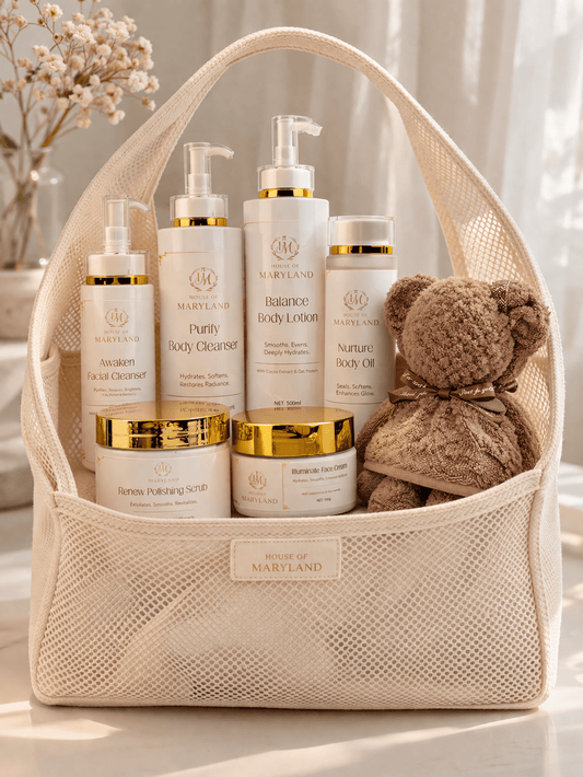 Skincare gift basket with House of Maryland bottles, jars, and brown scrub cloths