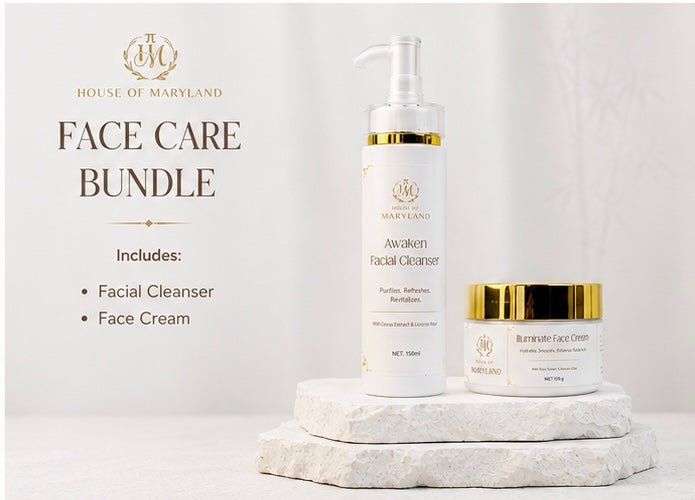 Face care bundle with white pump cleanser bottle and gold-lidded cream jar