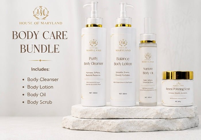 Body care bundle with skincare bottles and scrub jar by House of Maryland