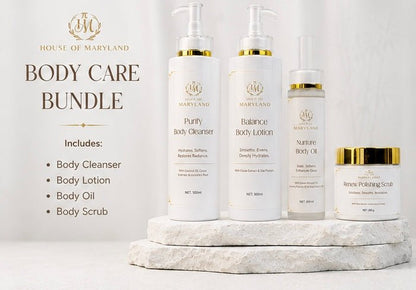 Body care bundle with skincare bottles and scrub jar by House of Maryland